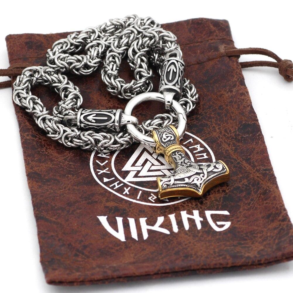 Braided King Chain With Runes And Gold Trimmed Mjolnir Pendant