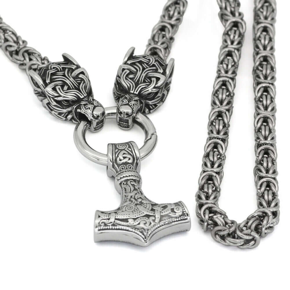 Braided King Chain With Twin Wolf Heads Holding A  Mjolnir Pendant