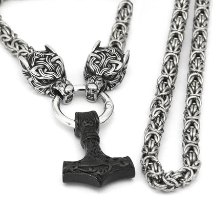 Braided King Chain With Twin Wolf Heads Holding A  Mjolnir Pendant