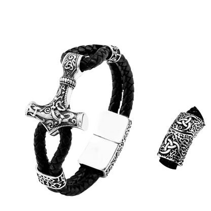 Thor's Hammer With Runes Leather Bracelet