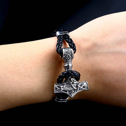 Thor's Hammer With Runes Leather Bracelet