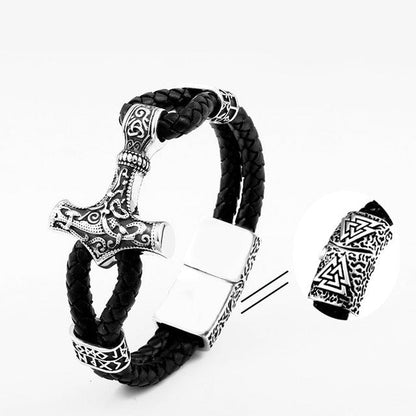 Thor's Hammer With Runes Leather Bracelet