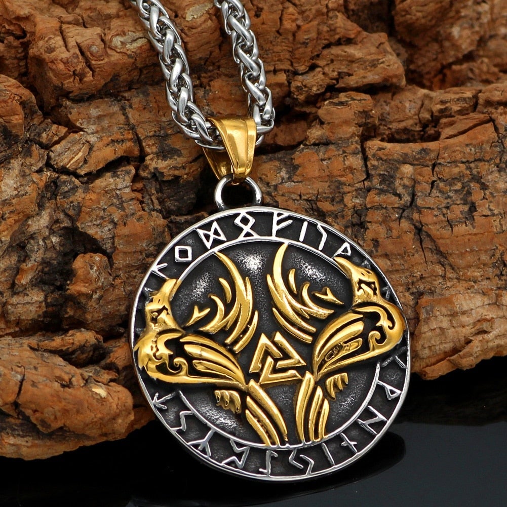 Viking Necklace - Golden Raven Rune Ice