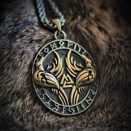 Viking Necklace - Golden Raven Rune Ice